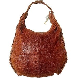 Charm & Luck Brown Textured Leather Embellished Silver & Rhinestone Hobo Bag